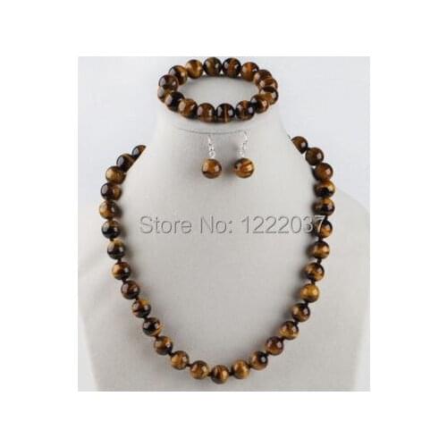 New 12mm Round Tiger Eye Necklace Bracelet and Earrings Set - Jewellery set