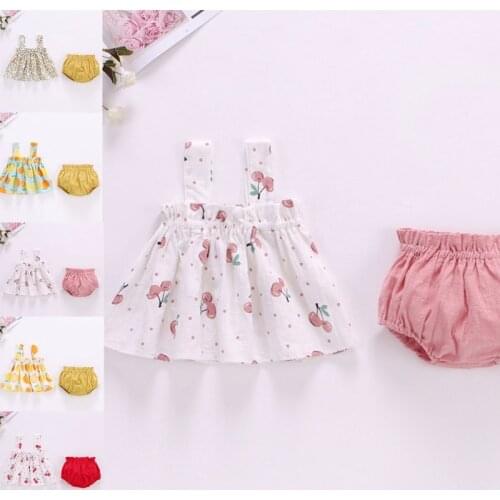 Null Toddler Infant Baby Girl Summer 2 Pieces Outfits Floral Fruit Print Ruffles Sleeveless Tank Top Dress and Shorts Bloomers
