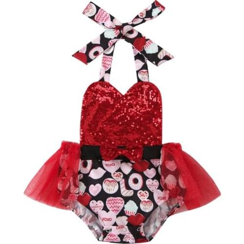 Toddler Baby Girl Bodysuits Dress Love Halter Outfits V-neck High Waist One-piece Sequin Bodysuits Valentines Day Clothing