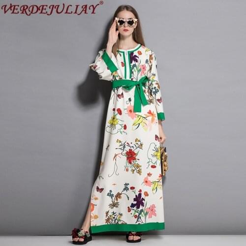 Wholesale Fashion Color Patchwork Dresses Flowers Print Belt Loose Long Ethnic European White Plus Size Split Dress