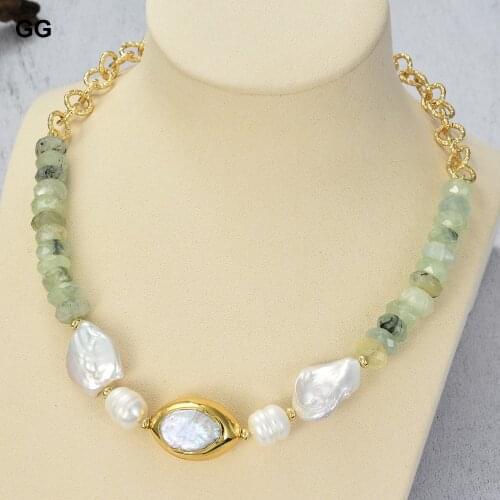 GuaiGuai Jewelry 20'' Freshwater White Pearl Prehnite Chain Necklace