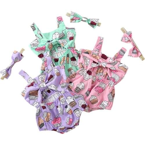 Baby Girls Cute Cartoon Printed Romper Sleeveless Square Collar Hollow Out Jumpsuit+Headdress 2PCS Toddler Infant Clothes