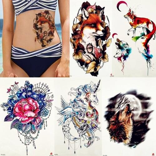 REJASKI Sexy Tribal Fox Wolf Oval Leaves Watercolor Temporary Tattoo Sticker Body Art Waist Sexy Flash Tatoo Makeup Fake Tattoos