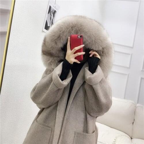 Wool Woolen Overcoat Fox Fur Collar Real Fur Jacket Hood Cashmere With Hat Women Wool Coat tLadies Casual Double-sided Cashmere