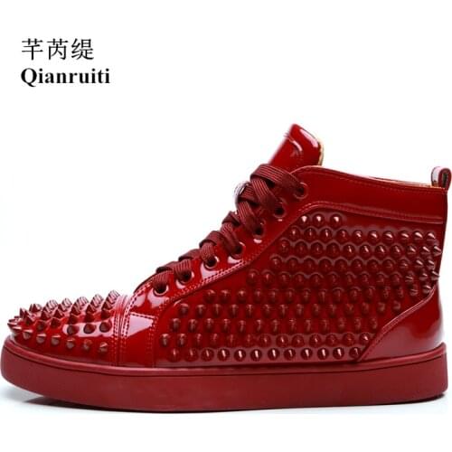 High top men sneakers Patent Leather Shoes studs spikes custom shoes Men Rivet Runway Chaussure Hommes EU39-47