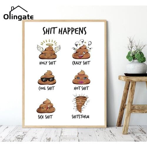 Funny Shit Happens Quote Wall Art Cartoon Cute Toilet Canvas Picture Print One Piece Canvas Poster Home Bathroom Bath Decor