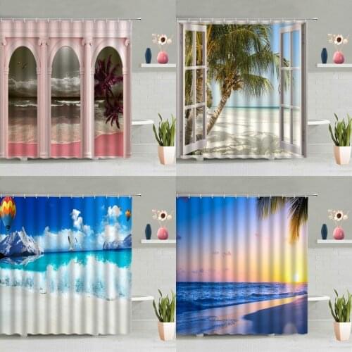 Ocean Scenery Shower Curtain 3D Window Arch Door Beach Palm Tree Hot Air Balloon Seagull Bathroom Bathtub Decor Screen Washable