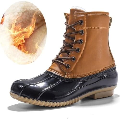 Womens Duck Boots Lace Up Two Tone Waterproof Rain Duck Boots Rubber Sole Women Rain Boots Ankle Shoes Fur Winter Women Shoes