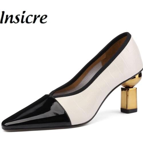 Insicre Women Pumps Patchwork Pointed Toe Full Genuine Leather Stone Pattern Metal High Heels 2021 Autumn Shoes Black