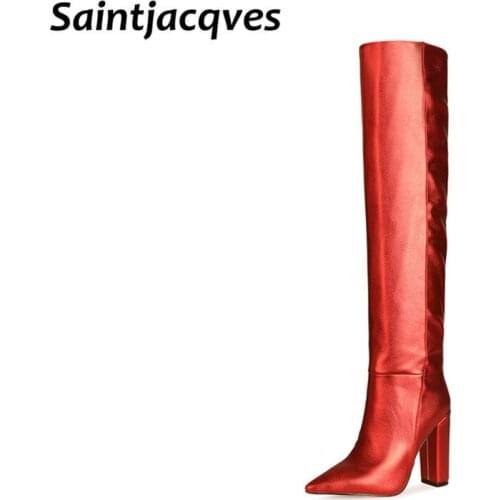 Women Sexy Thigh High Boots for Women Pointed Toe Block Heel Over The Knee High Boots 2020 Winter New Long Boots Red Black