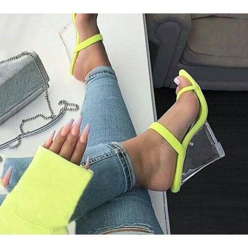Women Sexy 12CM Slipper Wedge Clear Heels Crystal Slope Fluorescent High-heeled Sandals Woman Sandals Summer