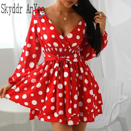 Women Spring Summer Dresses 2021 Polka Dot Long Sleeve V-Neck Casual Dress A-line Elegant Vestidos Red Short Ladies dresses