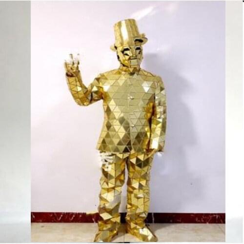 Gold mirror face dress suit men women costume reflective bar show GOGO stage mirror clothing future Space wedding costume