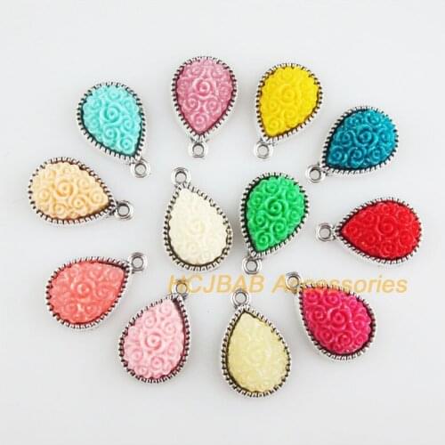 12 New Flower Charms Tibetan Silver Tone Retro Mixed Teardrop Resin Pendants 13x20mm