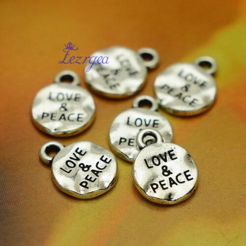 50pcs/lot--13x10mm, Antique silver plated Round Love&PeaceCharms,DIY supplies, Jewelry accessories