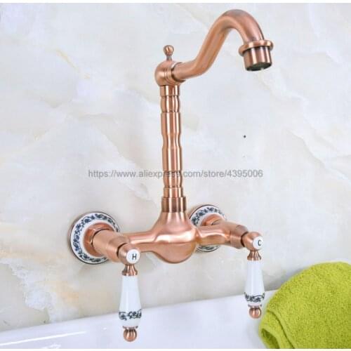 Antique Red Copper Bathroom Mixer Taps Double Handles Wall Mounted 360 Swivel Faucets Bnf954