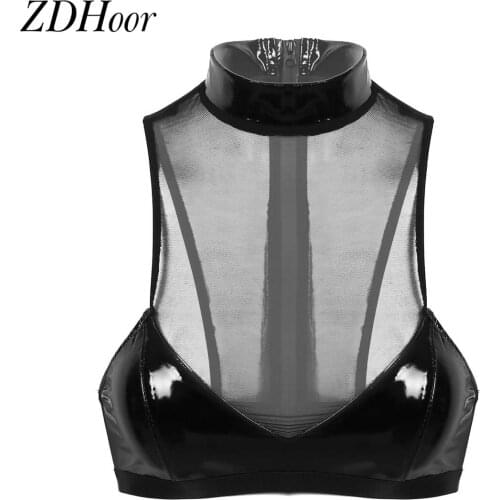 Womens Sexy Sheer Short Mesh Bra Shirt Top Breathable Patent Leather Tank Tops Zip Up Unlined Wireless Bra Tops Nightclub Wear