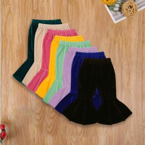 Kids Girl Pants Solid Color Velvet Warm Trousers Winter Fall High Waist Elastic Waist Flared Pants