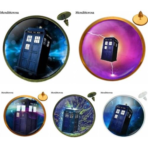 For Women Men Party Doctor Who Tardis Fashion Glass Cabochon Bronze/Silver/Golden Clip Ear Hook Stud Earring Vintage