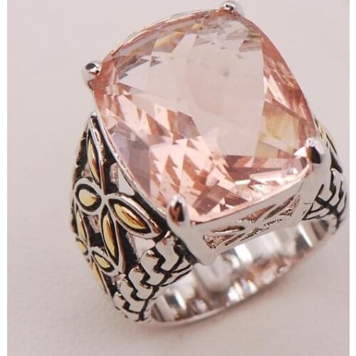 Two Tone Leaves Flowers Carved Finger Ring Bohemia Large Pink Topaz Gemstone Ring for Women Jewelry