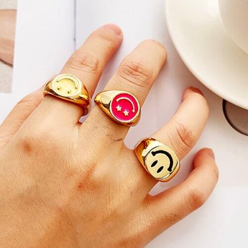 ZHINI New Simple Adjustable Size Statement Ring Party Jewelry 14K Gold Plated Stainless Steel Smiley Face Rings for Women