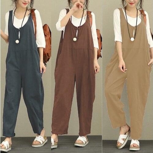 Spring and summer women fashion loose high waist breathable jumpsuit female trendy color cotton blended fabric overall rompers