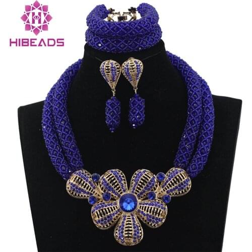 Royal Blue African Beads Jewelry Set for Nigerian Wedding Crystal Rhinestone Pendant Bib Necklace Set Gift Free Shipping WD206