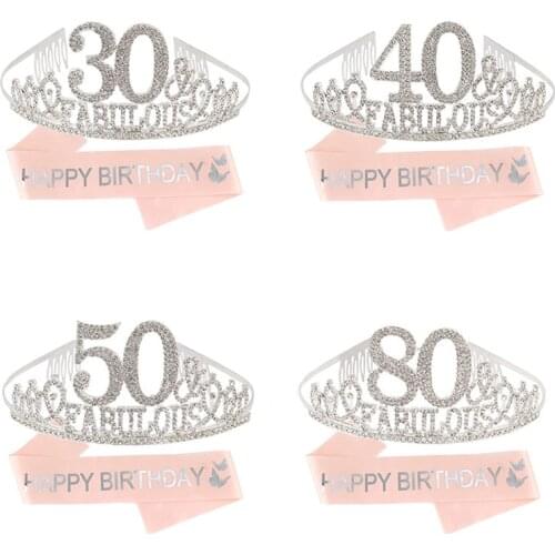 30th 40th 50th & Fabulous Birthday Sash and Tiara Crown for Women Happy Birthday Queen Party Decoration Supplies Favor Gifts