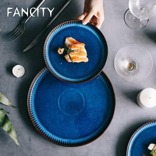 FANCITY Creative Nordic Plate Blue Round Flat Plate Household Ceramic Plate Dinner Plate Western Food Plate Pasta Steak Plate