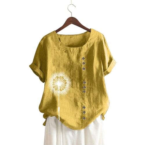 Summer Outfits Cotton And Linen Tee Tops Female Boho Tanic Casual O Neck Short Sleeve Dandelion Printed Loose חולצות נשים לקיץ