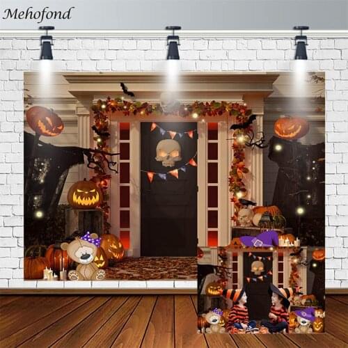 Mehofond Halloween Photography Background Fall Pumpkin Ghost Bear Candle Backdrop Photo Studio Skull White Door Photophone Decor