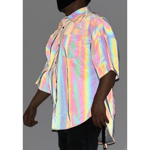 Personality colorful ribbons reflective shirt men night reflect light hip hop punk long shirts short sleeve oversized blouse