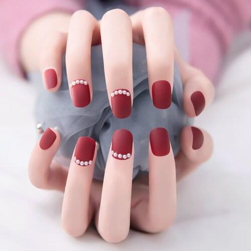 Fake Nails Red Frosted Pearls Short Paragraph Finished Nails Fully Covered Nail Decoration Accessories Fashion Manicure Sticker
