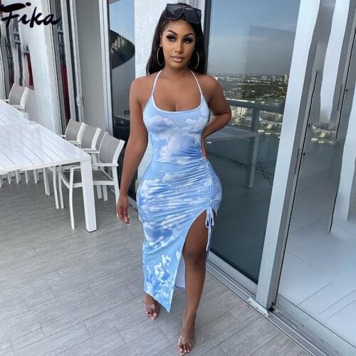 New Women Maxi Dresses Strap Sleeveless Party Dress Tie Dye Drawstring Side Slit Fashion Slim Backelss Bodycon Halter Sexy Dress
