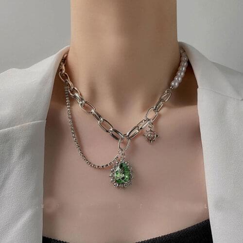 KMVEXO Teardrop-Shape Green Crystal Pendant Tassel Necklace For Women Korea Imitation Pearl Chains Choker Necklace Jewelry Gifts