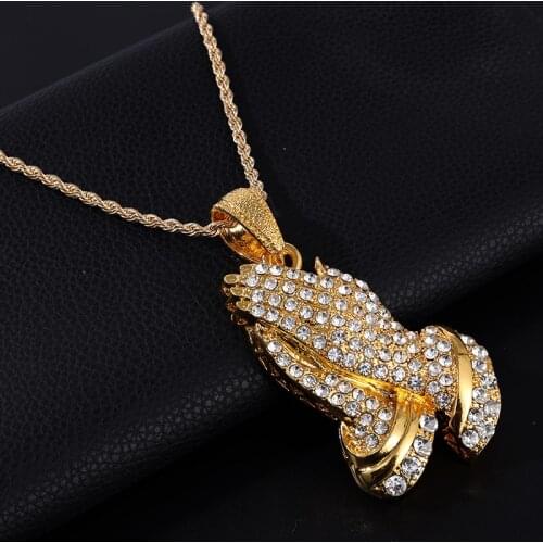 Crystal Alloy Hip Hop The Praying Hands Pendants Brother Gift Gold long chain Color Men Necklaces Jewelry Long Necklace