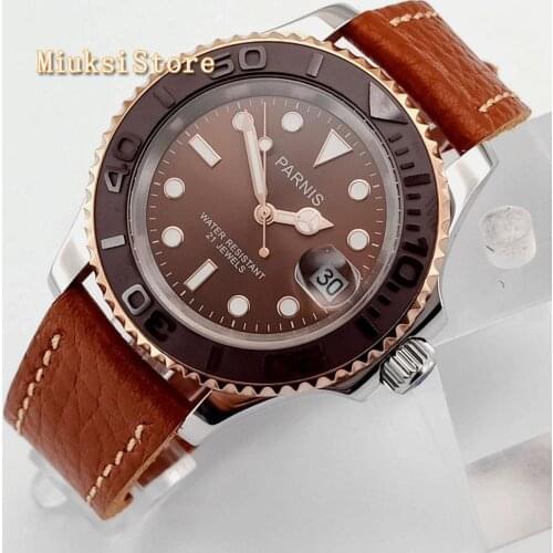 Luxury brand Parnis 41mm sapphire glass brown dial ceramic bezel waterproof automatic mens leisure mechanical watch