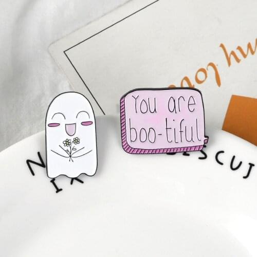 Pink Cartoon phrase 'You are boo-tiful' Denim Lapel Enamel pins white mini ghost Badges Brooches Gift Jewelry for Women Children