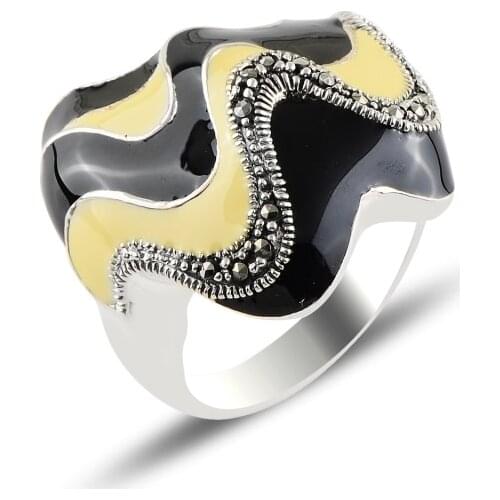 Silver 925 Sterling Enamel & Marcasite Ring