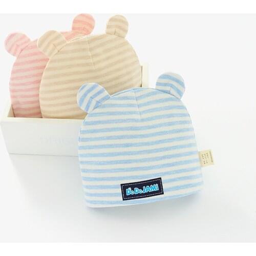 New Double Layers Cotton Soft Baby Hat With Ears Solid and Striped Knit Hats Newborn Baby Unisex Hat Cute Bear Hats 0-6 Month