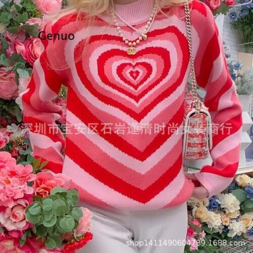 Y2K Sweater Aesthetics Heart Striped Pullovers Sweater Girls Sweet Long Sleeve Jumper Harajuku Knitwear Autumn Streetwear