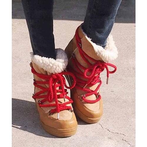 Warm Winter Wool Fur Lace Up Snow Boots Fashion Hight Increasing Martin Boots Round toe Patchwork Ladies Short Fur Boots