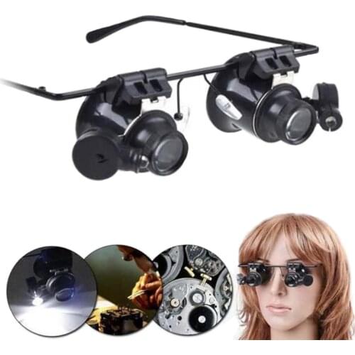Glasses Magnifying Glass, LED Light Double Lens 20 times Eyeware Glasses Repair Maintenance Check Metal Magnifying Glass