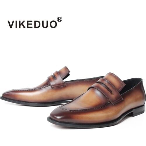 VIKEDUO 2020 Summer New Loafer Shoes Slip-On Patina Brown Leather Sole Mens Shoes Genuine Leather Casual Footwear Wedding Zapato