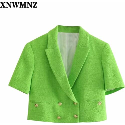 XNWMNZ Women top Green Fashion textured cropped blazer Female lapel collar short sleeve double-breasted blazer coat Chic tops