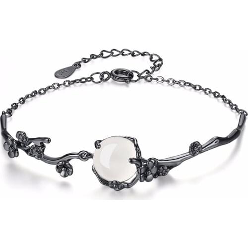 925 Sterling Silver Fashion Black Flower White Chalcedony Stone Bracelets for Women Jewelry Gift Wholeslae Drop Shipping