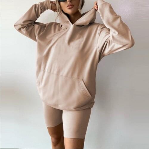 5 Solid Colors Women Casual 2 Pieces Suit Set Female Solid Color Long Sleeve Hooded Pullover with Pocket+Shorts Exercise Sets