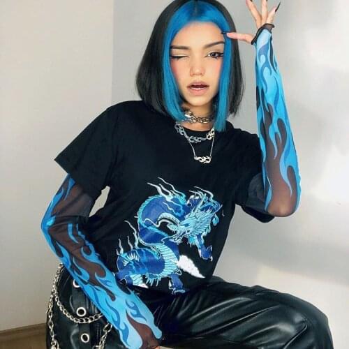 Y2K Dragon Print Punk Goth Top Shirt With Arm Sleeves Dark Academia E Girl Clothes O Neck Long Sleeve Fire Woman Tshirts
