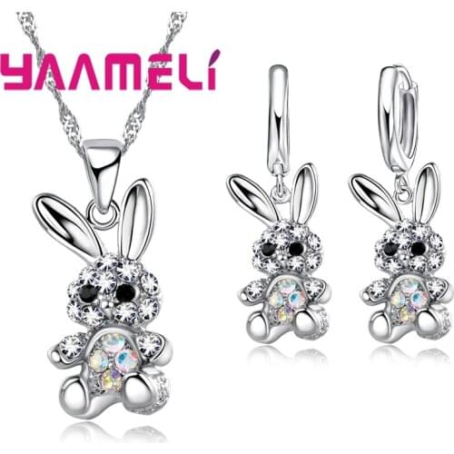 Lovely Cute Rabbit Gifts for Women Girls 925 Sterling Silver Jewelry Sets AB Colored Cubic Zircon Necklace Dangle Earrings