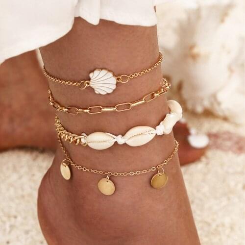 4 Pcs/Set Shell Coins Pendant Cuban Link Anklet Bracelet for Women Boho Summer Holiday Fashion Metal Jewerly AM3277